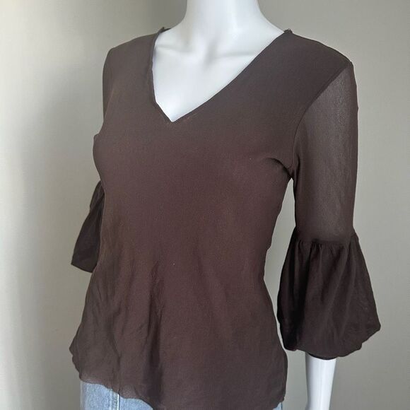 Y2K Brown Mesh Overlay V~Neck Top - Picture 1 of 6